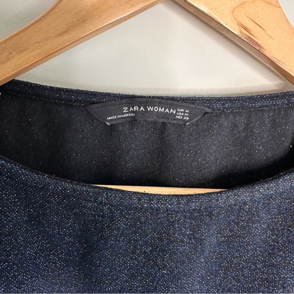 ZARA WOMAN Navy Metallic Short Sleeve Top | Minimalist Office Chic Party Wear - Picture 2 of 4